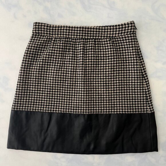 J.Crew Plaid Black & White Houndstooth Wool Faux Leather Trim Mini Skirt - Picture 1 of 8
